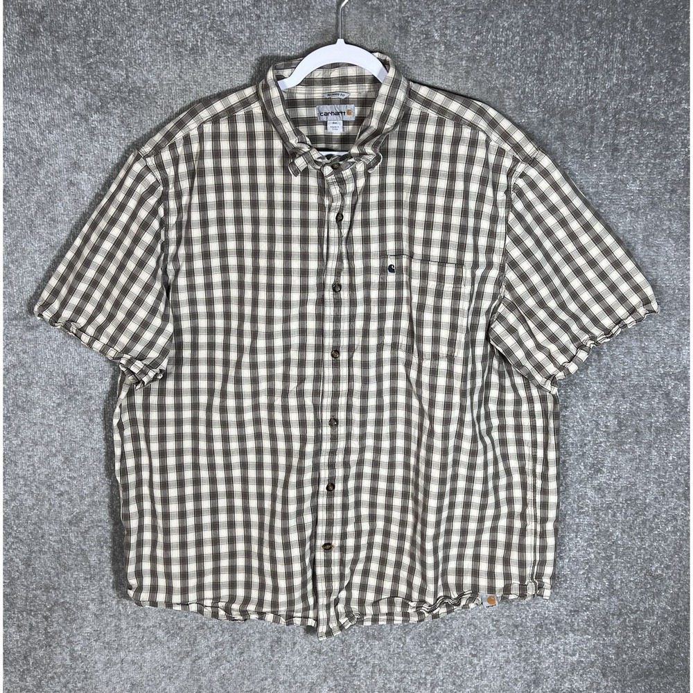 Carhartt Relaxed Fit Button Up Shirt Mens Size XL Brown Beige Plaid Chest Pocket